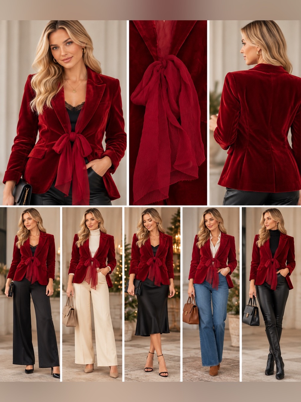 Red Velvet Blazer Sheer Chiffon Bow Tie Front Jacket Holiday Statement Sz Medium